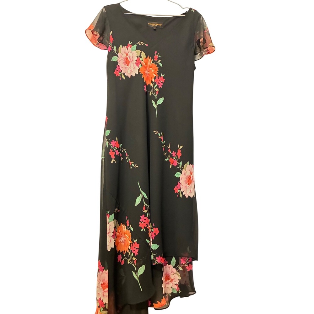 Donna Ricco New York Floral Midi Dress Black Pink Orange V-Neck 10